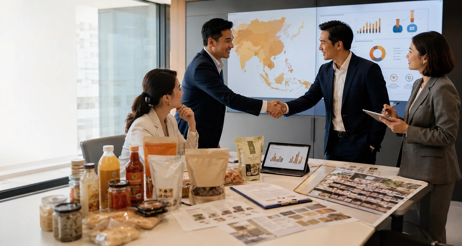 Terravia team and partners reviewing a market-entry plan for food and beverage products across Asia